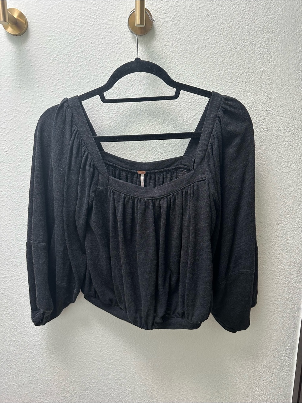 Free People Black Square-Neck Peasant Blouse